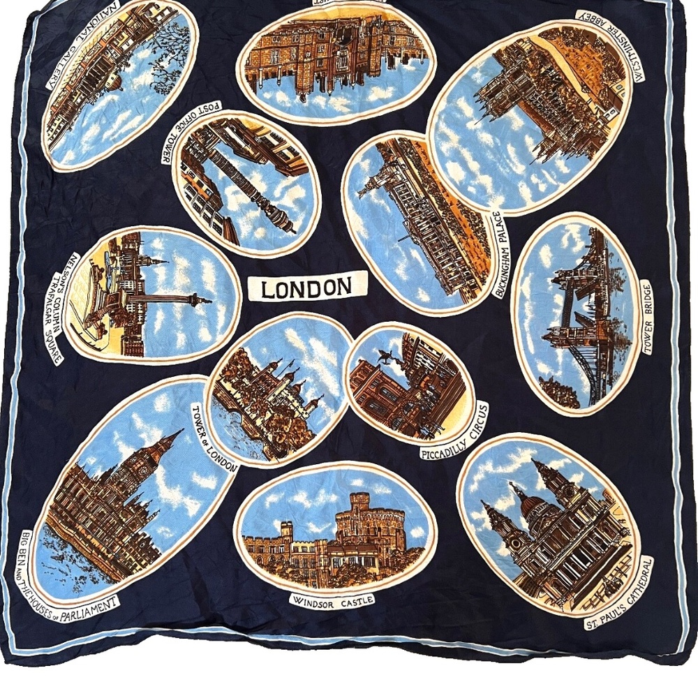 Vintage LONDON Souvenir Scarf Historical Landmarks 25” Square Blue